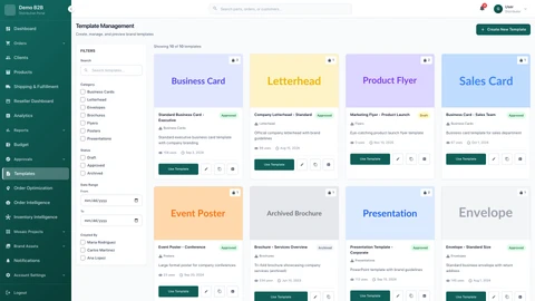 Illustrative preview (sample data, not verified outcomes): Templates Page - Print product templates and configuration interface